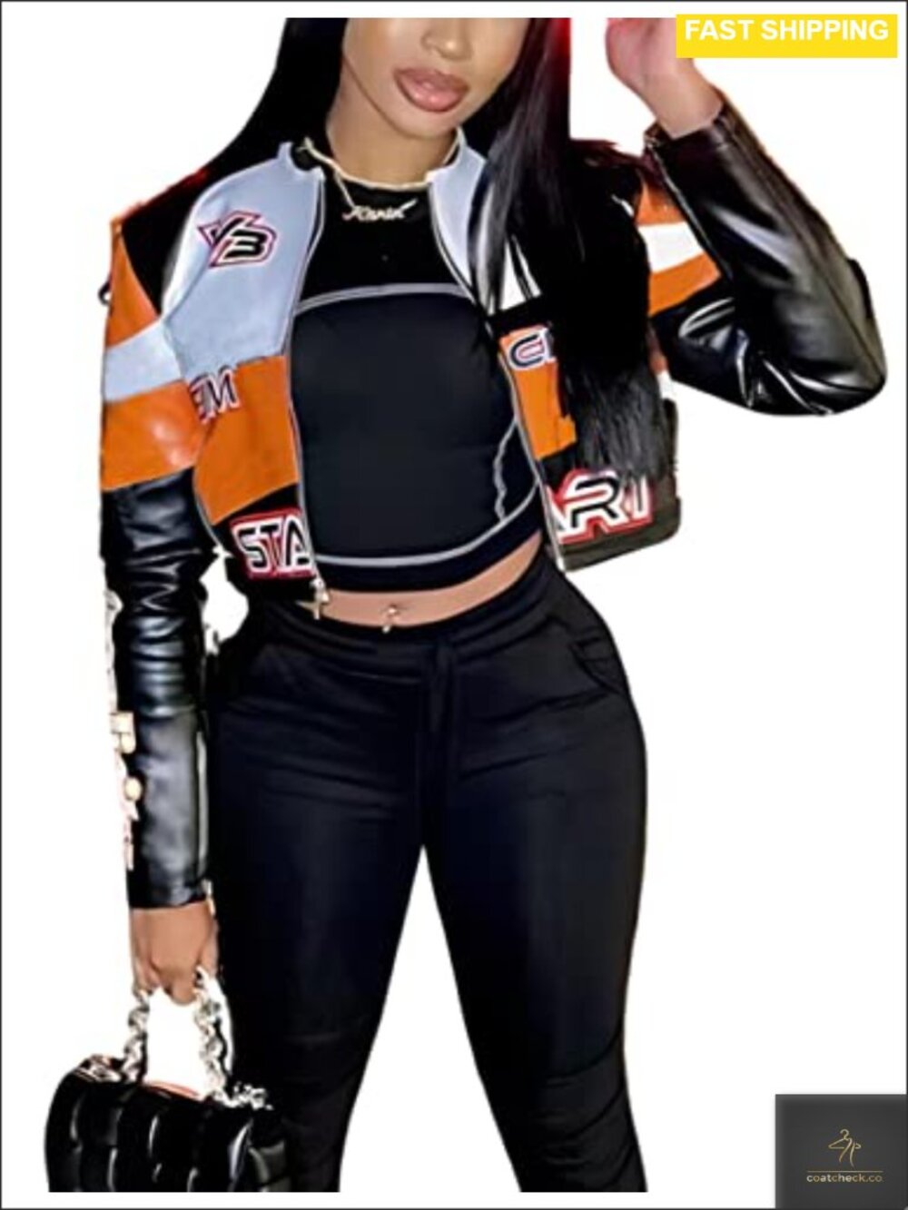Faux Leather Cropped Moto Biker Jacket Women Long Sleeve Zip Front